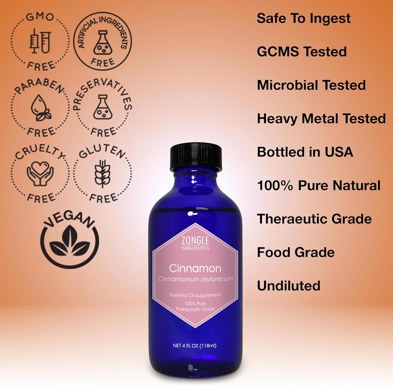 Cinnamon Essential Oil, Food Grade, for Candy, Cooking, Baking – 100% Pure, Edible, Cinnamon, Leaf, Oil, by Zongle Therapeutics, 4 OZ