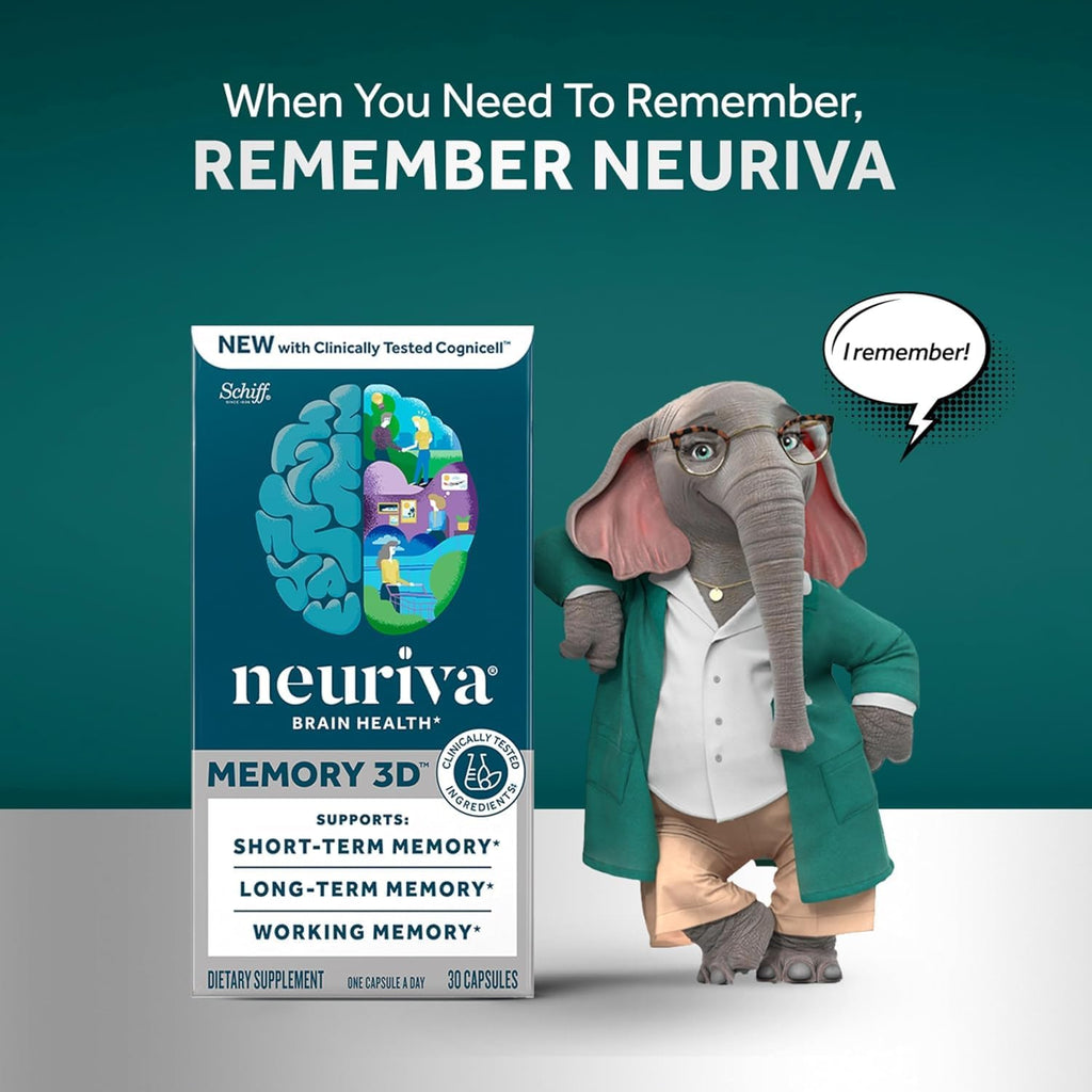 NEURIVA Memory 3D Brain Supplement - Nootropic Capsules for Memory, Focus & Cognitive Function - Short Term, Long Term, & Working Memory Support - 50ct - Pack of 2