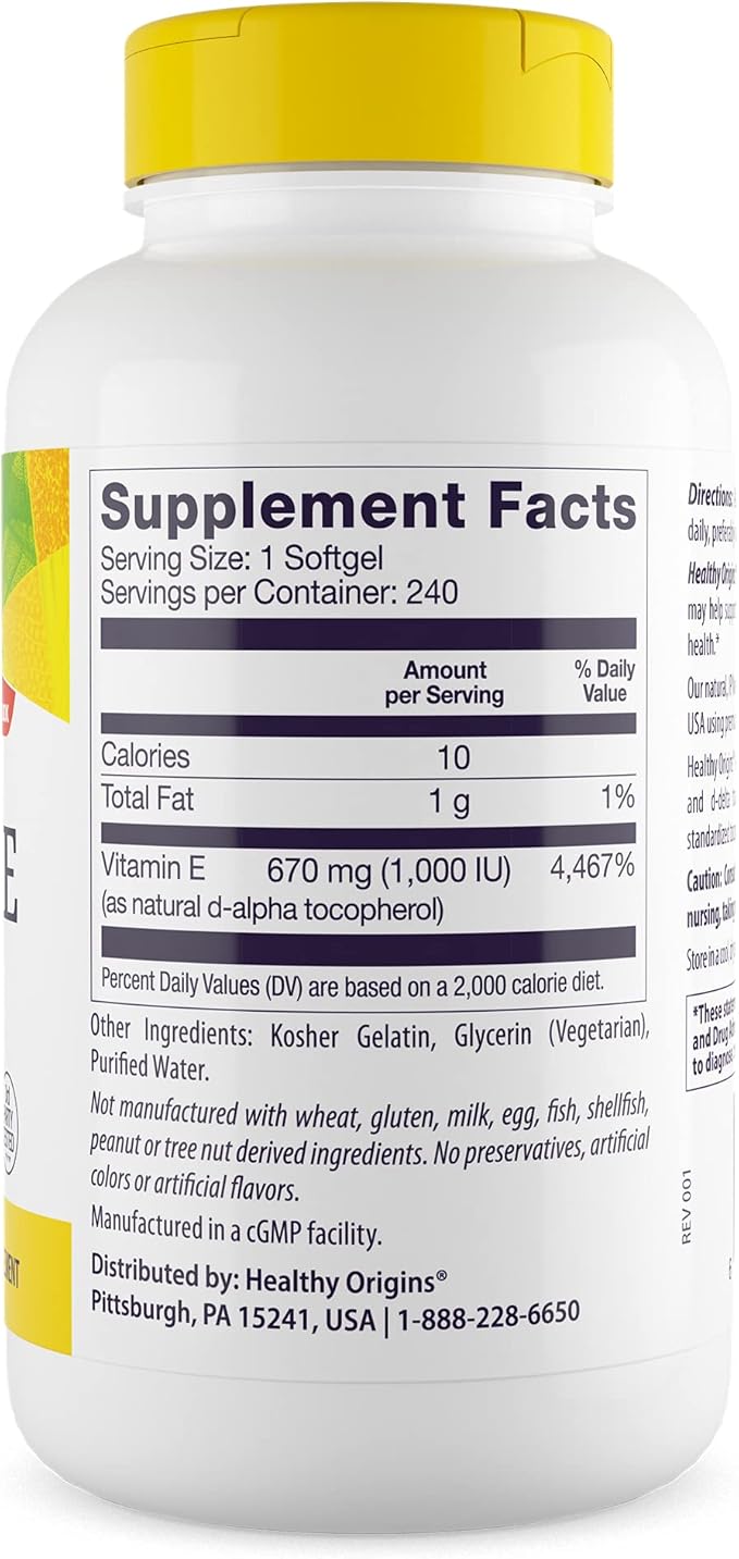 Healthy Origins Vitamin E 1,000 IU (Natural, Non-GMO, Gluten Free, Skin Support, Cardiovascular Support), 240 Softgels