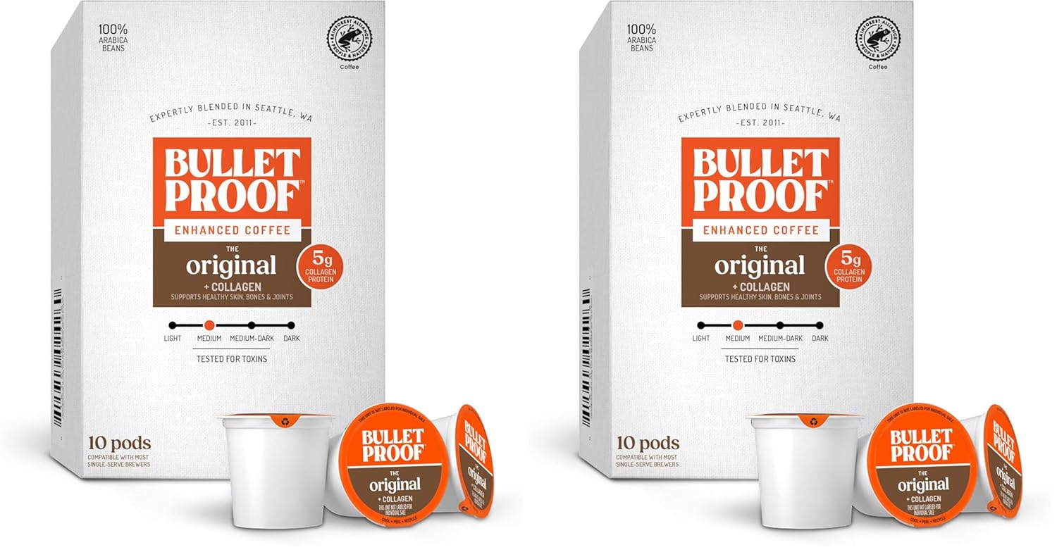 Bulletproof Coffee + Collagen Single-Serve Coffee Pods, 10 Count, 100% Arabica Beans, Clean Coffee Tested for Toxins, Packaging May Vary (Pack of 2)