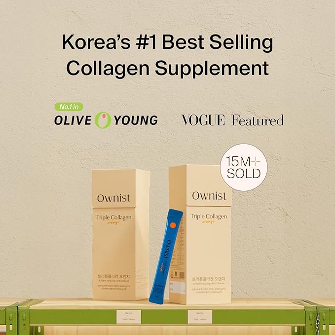 Ownist Triple Collagen Liquid Packets On-The-Go - Peptides with Hydrolyzed Marine Collagen, Elastin, Hyaluronic Acid and Vitamin for Healthy Skin - Orange Flavor - 14 Individual Stick Packs