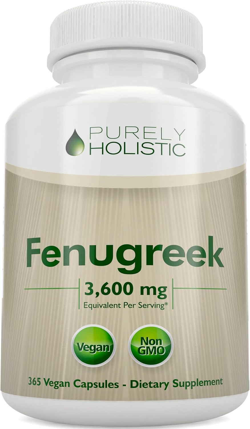 Purely Holistic Fenugreek Capsules 3600mg - 365 Vegan Capsules - Lactation Supplement - from Fenugreek Seeds - Concentrated x10 Extract - Non GMO for Women & Men