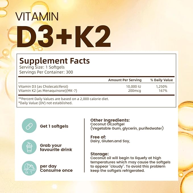 Vitamin D3 K2 10000 IU with MK7-300 Virgin Coconut Oil Softgels, 2 in 1 Vitamins D & K Complex | Vitamina D3 con K2 | Supports Calcium Absorption, Bone, Immune, & Heart Health – Easy to Swallow