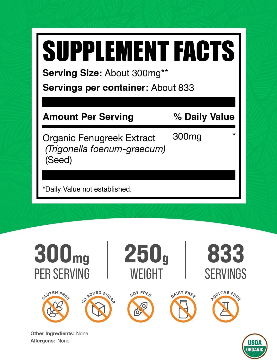 BulkSupplements.com Organic Fenugreek Extract Powder - Herbal Supplement, from Fenugreek Seeds - Gluten Free, 300mg per Serving, 250g (8.8 oz) (Pack of 1)