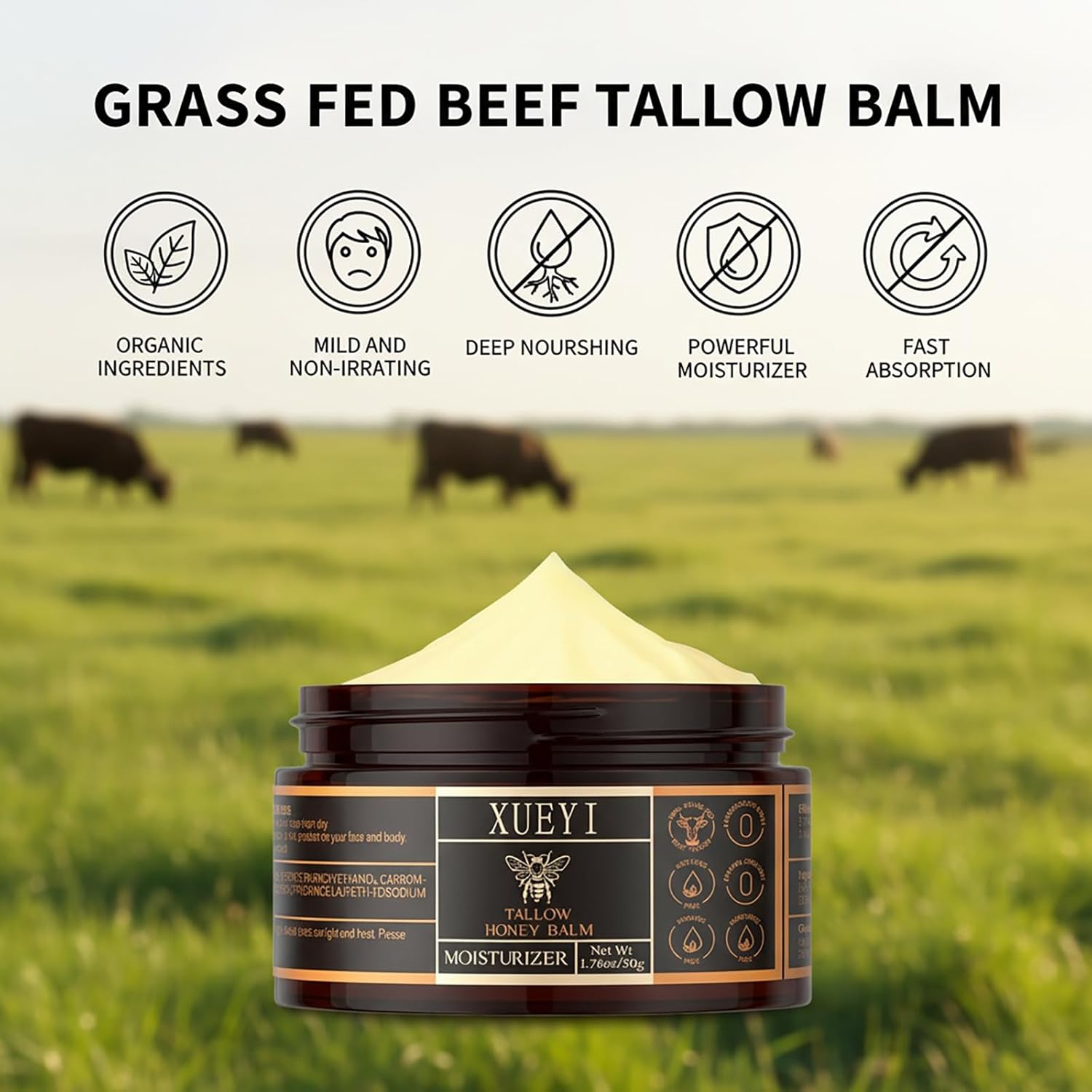 Tallow and Honey Balm - Beef Tallow for Skin, Moisturizer with Organic Grass-Fed Beef Tallow & Raw Wild Honey, Keep Skin Moist, All-Natural Moisturizer（2 Pack, 3.52Oz）