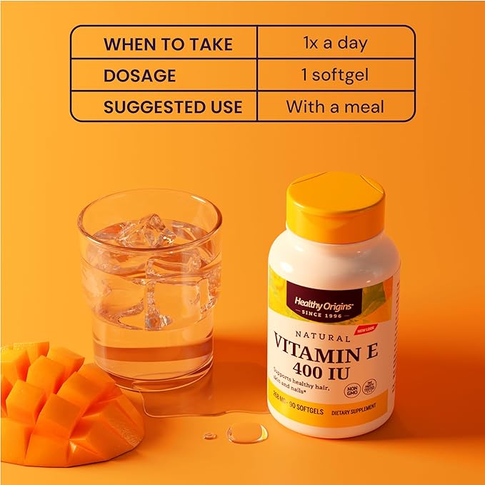 Healthy Origins Vitamin E 400 IU (Natural, Non-GMO, Gluten Free, Skin Support, Cardiovascular Support), 180 Softgels
