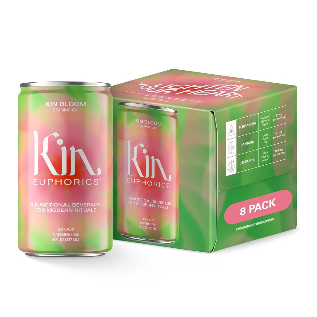 Kin Euphorics Kin Bloom Non-Alcoholic Functional Beverage | All day rosé | Elevate Your Mind & Spirit | Prebiotic | L-Theanine, Schisandra, Damiana | Ready to Drink | 8 Fl Oz (8pk)