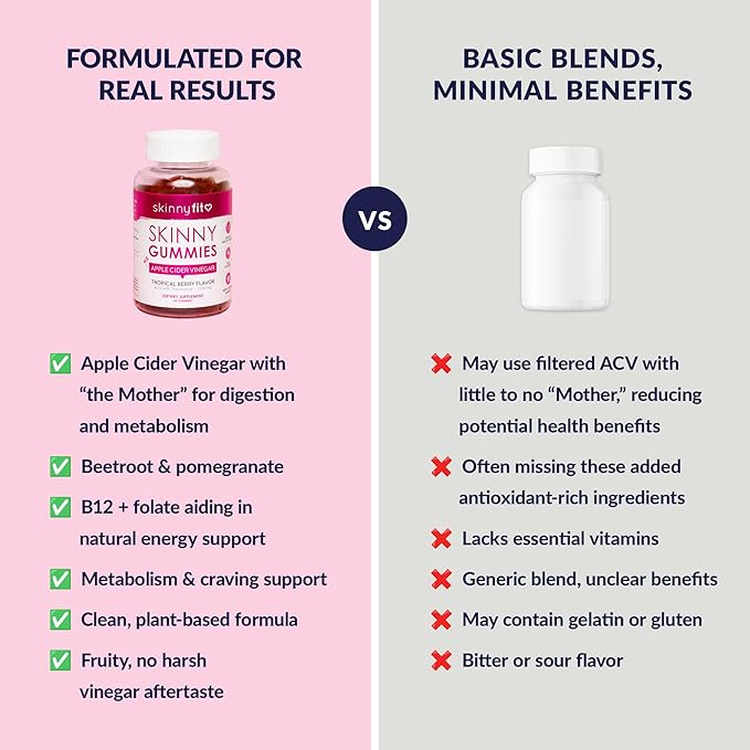 SkinnyFit Skinny Gummies Apple Cider Vinegar Gummies w/ The Mother, Healthy Weight, Immune Support, Vitamin B9, B12, Beetroot, Pomegranate, Vegan-Friendly, 60 Count