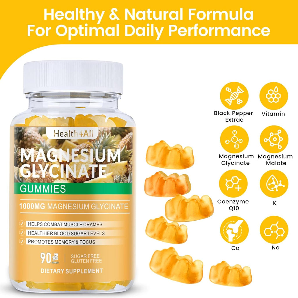 Magnesium Glycinate Gummies 1000mg, High Absorption Sugar Free Magnesium Potassium Supplement for Relaxation, Stress Relief, and Sleep Support for Adults & Kids - 90 Pineapple Gummies