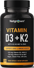 Natgrown Vitamin D3 + K2 w/Zinc - Vegan Vitamin D 5000 IU & Mk7 100mcg for Bone and Immune Support Supplement - Plant Based D3 K2 with Superfood Blend, Gluten-Free - 120 Capsules