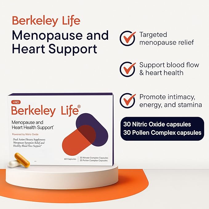 Berkeley Life Menopause and Heart Health Support Supplements - Dual-Action Dietary Supplement for Menopause Symptom Relief & Heathy Blood Flow Support for Women Powered by Nitric Oxide - 60 Capsule