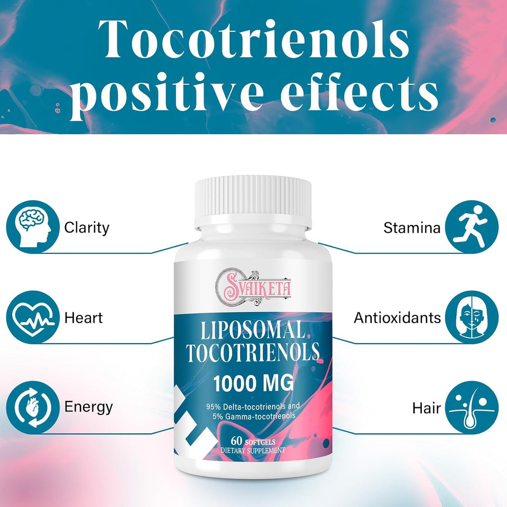 Liposomal Tocotrienols Supplement 1000mg, Vitamin E, Advanced Formula with 95% Delta-Tocotrienols & 5% Gamma-Tocotrienols - 60 Softgels (2 Bottles)