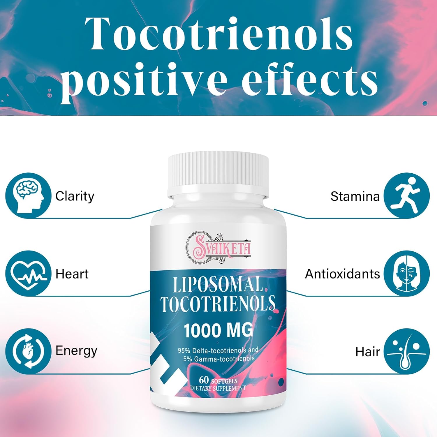Liposomal Tocotrienols Supplement 1000mg, Vitamin E, Advanced Formula with 95% Delta-Tocotrienols & 5% Gamma-Tocotrienols - 60 Softgels (2 Bottles)