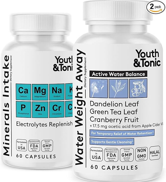 Youth & Tonic Water Weight Away Pills – Debloating & Water Retention Support for Belly Bloating, Natural Diuretic for Women & Men + Minerals Intake Electrolytes for Fluid Balance, 120 Capsules