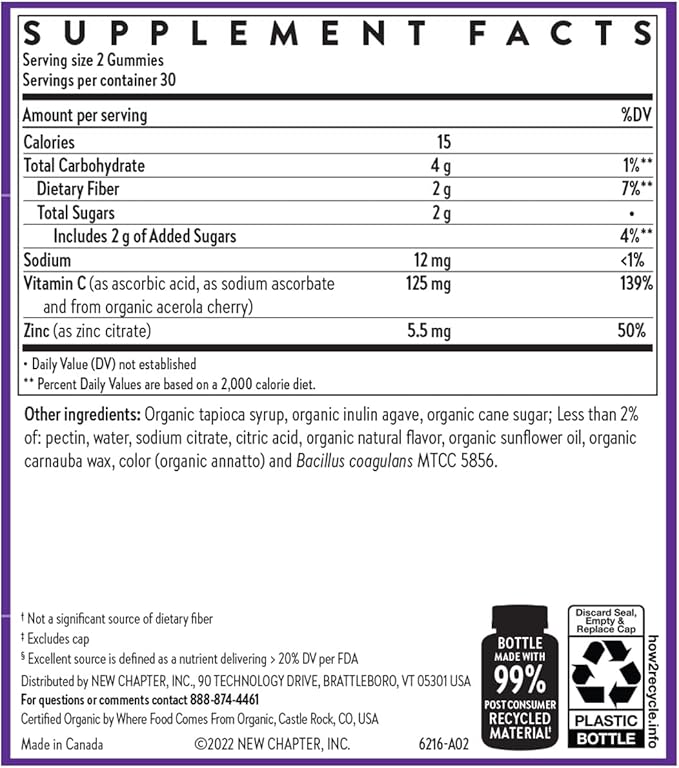 New Chapter Vitamin C+ Gummies – 35% Less Sugar§, Excellent Source of Vitamin C, Two Daily Gummies for Immune Support with Acerola Cherry, Vegan, Non-GMO, Gluten Free, Citrus Flavored, 60ct