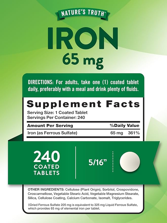 Nature's Truth Iron Tablets 65mg | 240 Count | 325mg Ferrous Sulfate | Vegan, Non-GMO & Gluten Free Supplement