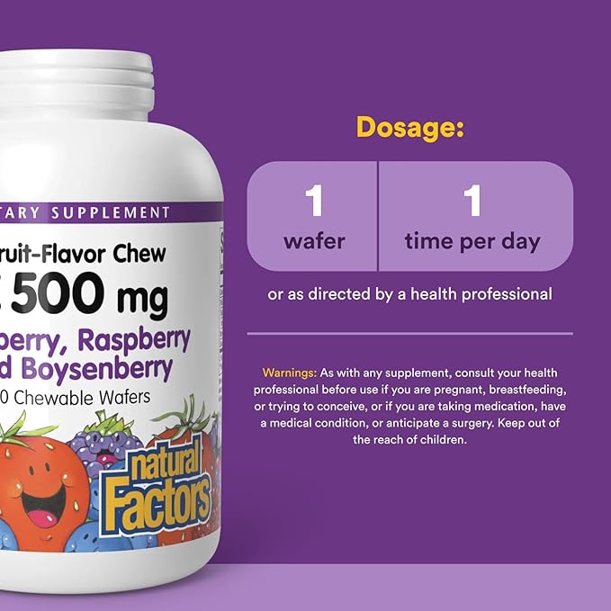 Natural Factors Kids Chewable Vitamin C 500 mg, Supports Immune Health, Bones, Teeth and Gums, Blueberry, Raspberry and Boysenberry, 180 Wafers