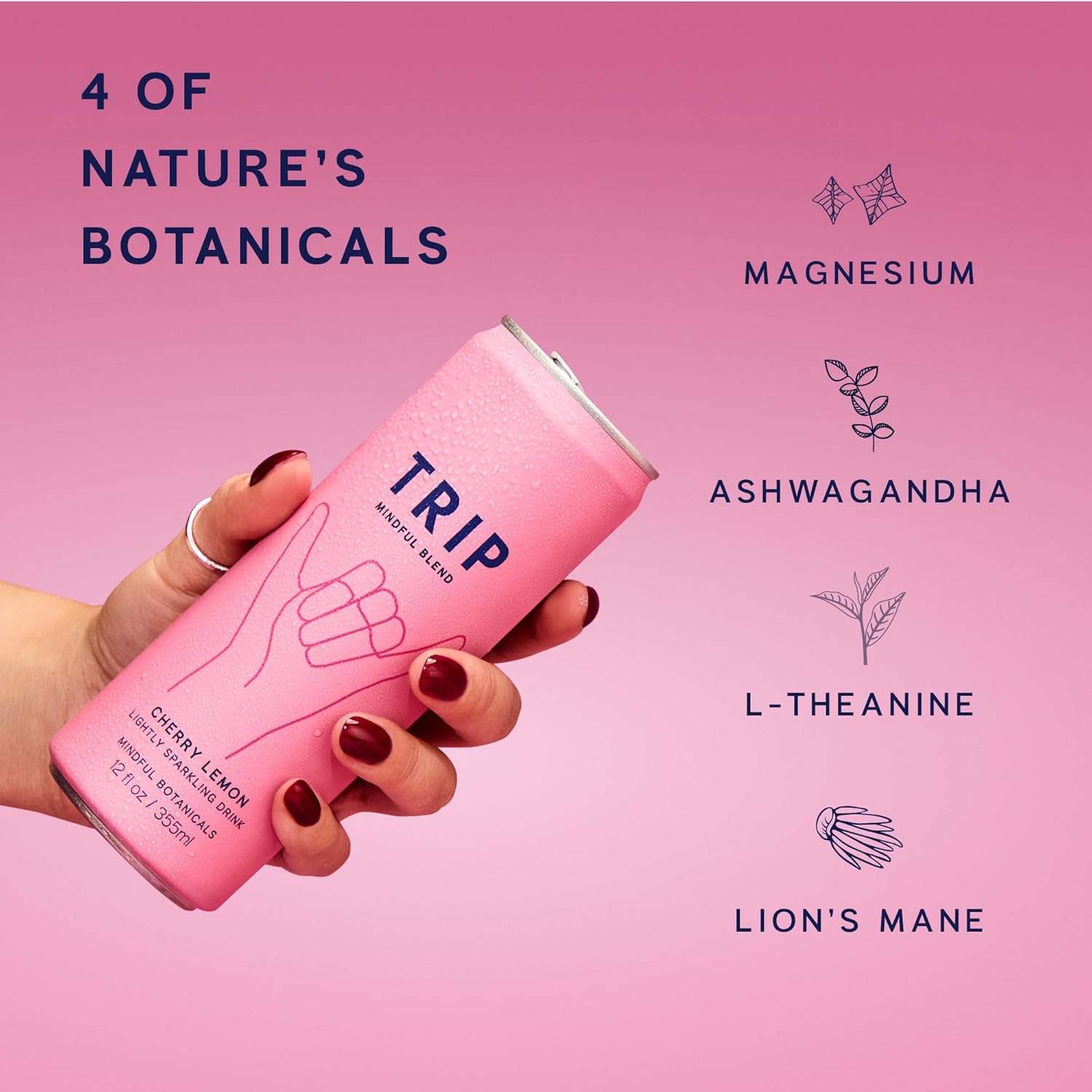 Trip Mindful Blend, Lightly Sparkling Adaptogen Seltzer, Mocktail w/ 120mg Magnesium Citrate with Ashwagandha, Lions Mane & L Theanine, No Added Sugar, Vegan, Cherry Lemon, 12 Oz, 12Pk