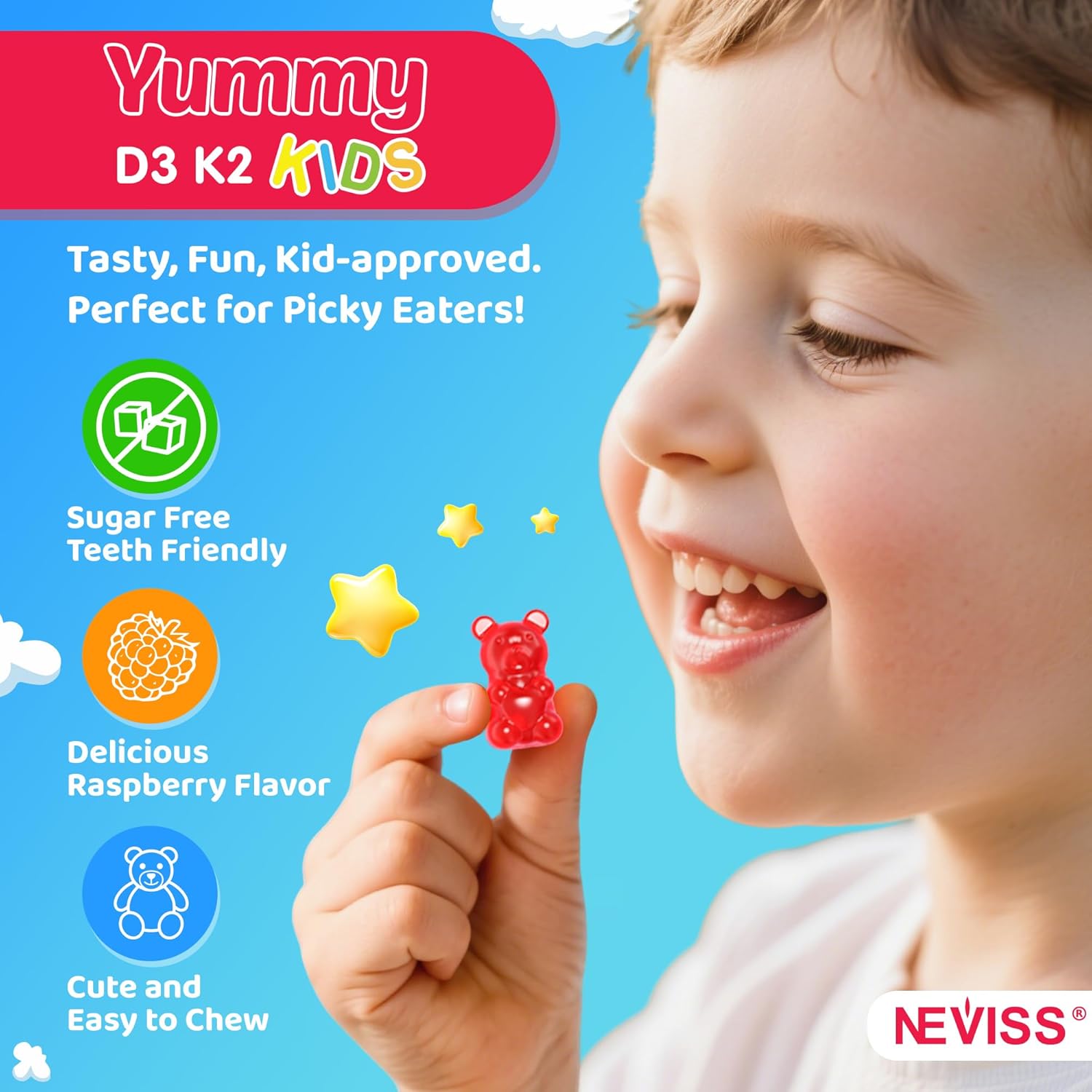 Vitamin D3 K2 Gummies for Kids + Calcium, Magnesium, Zinc, Phosphorus, Vitamin C, Kids Multivitamin D3 & K2 Supplement for Bone Health, Calcium Absorption, Focus & Immunity, Non GMO, Sugar Free, 2Pack