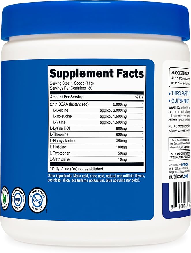 Nutricost EAA Powder 30 Servings (Blue Raspberry) - Essential Amino Acids - Non-GMO, Gluten Free, Vegetarian Friendly