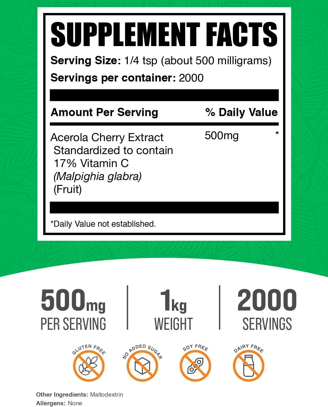 BulkSupplements.com Acerola Cherry Extract Powder - Natural Vitamin C Supplement, Acerola Cherry Powder - Vegan & Gluten Free, 500mg per Serving, 1kg (2.2 lbs) (Pack of 1)