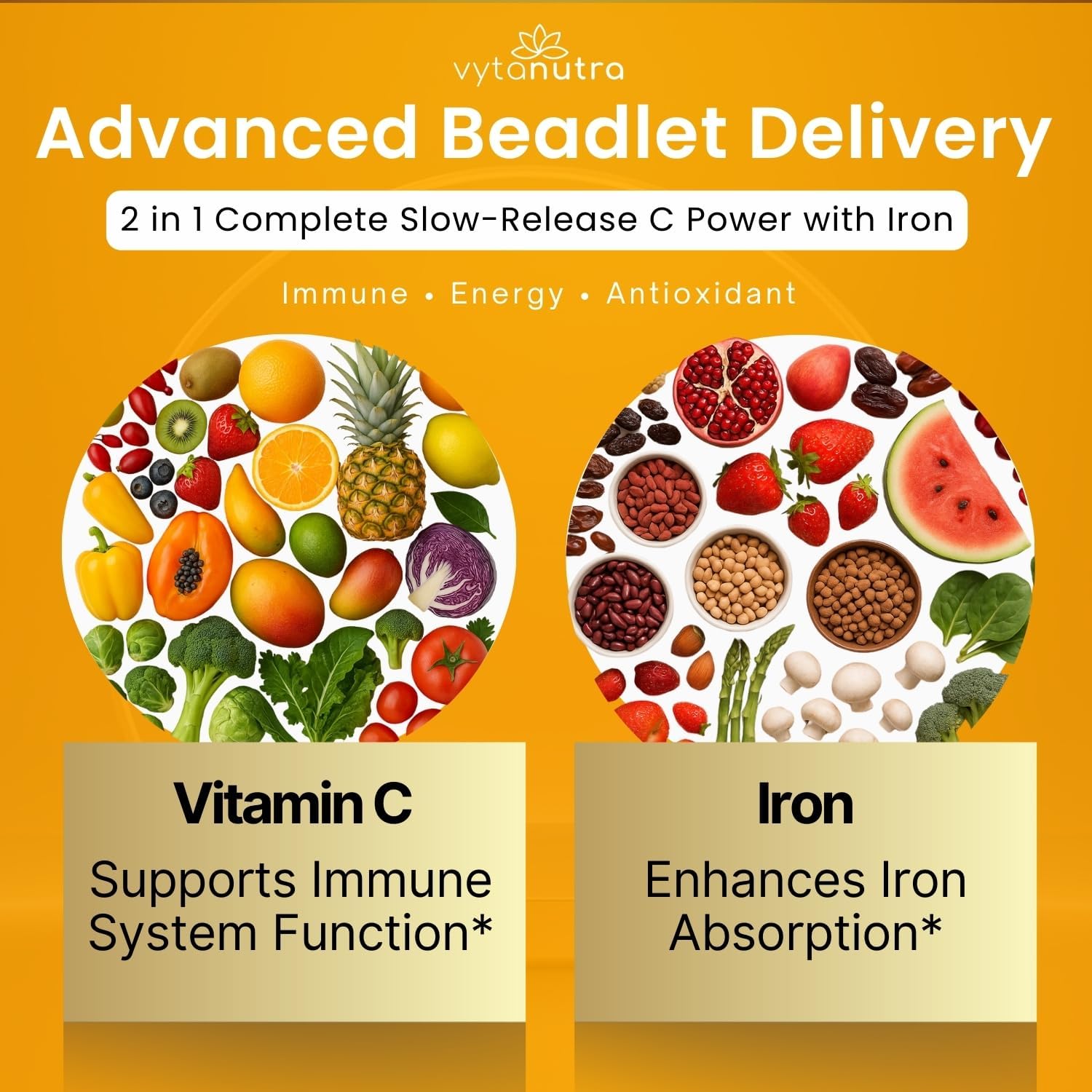 Immune Support Vitamin C – with Iron, Non-GMO, Vegan, Gluten-Free, Slow Release Beadlet Capsules, 90 Count