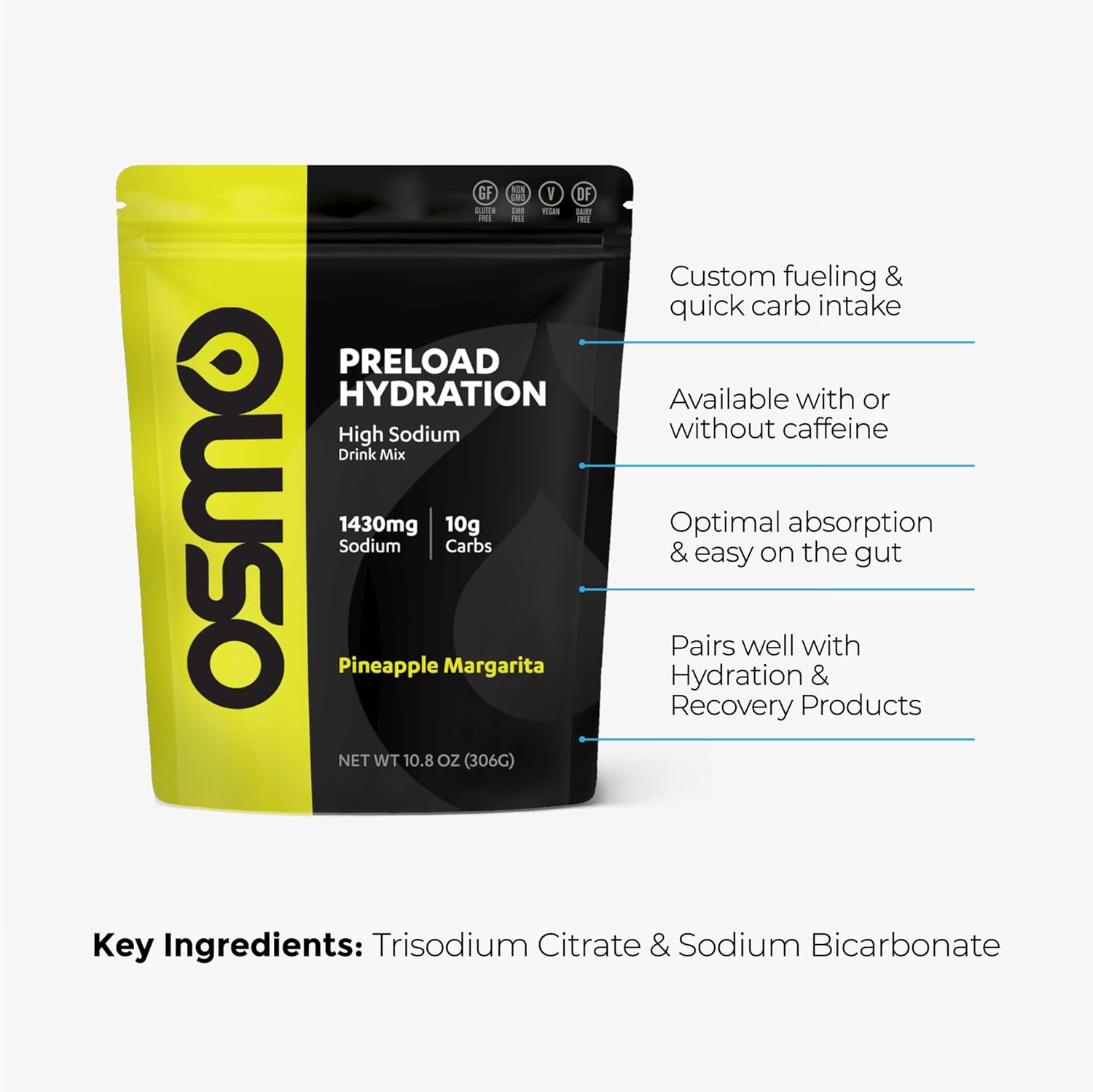 Osmo Preload Hydration Pre Workout Powder - Includes High Sodium Bicarbonate, Magnesium, Potassium, Carbs & Vitamins, Cane Sugar, Natural Ingredients, Beat Cramps & Dehydration - Pineapple Margarita