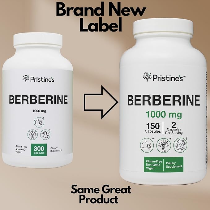 PRISTINE'S Berberine Supplement Capsules - 1000 MG 75 Day Supply 150 Capsules - Heart, & Immunity Health Support Antioxidant - Digestive Tract & Healthy Gut Flora Support
