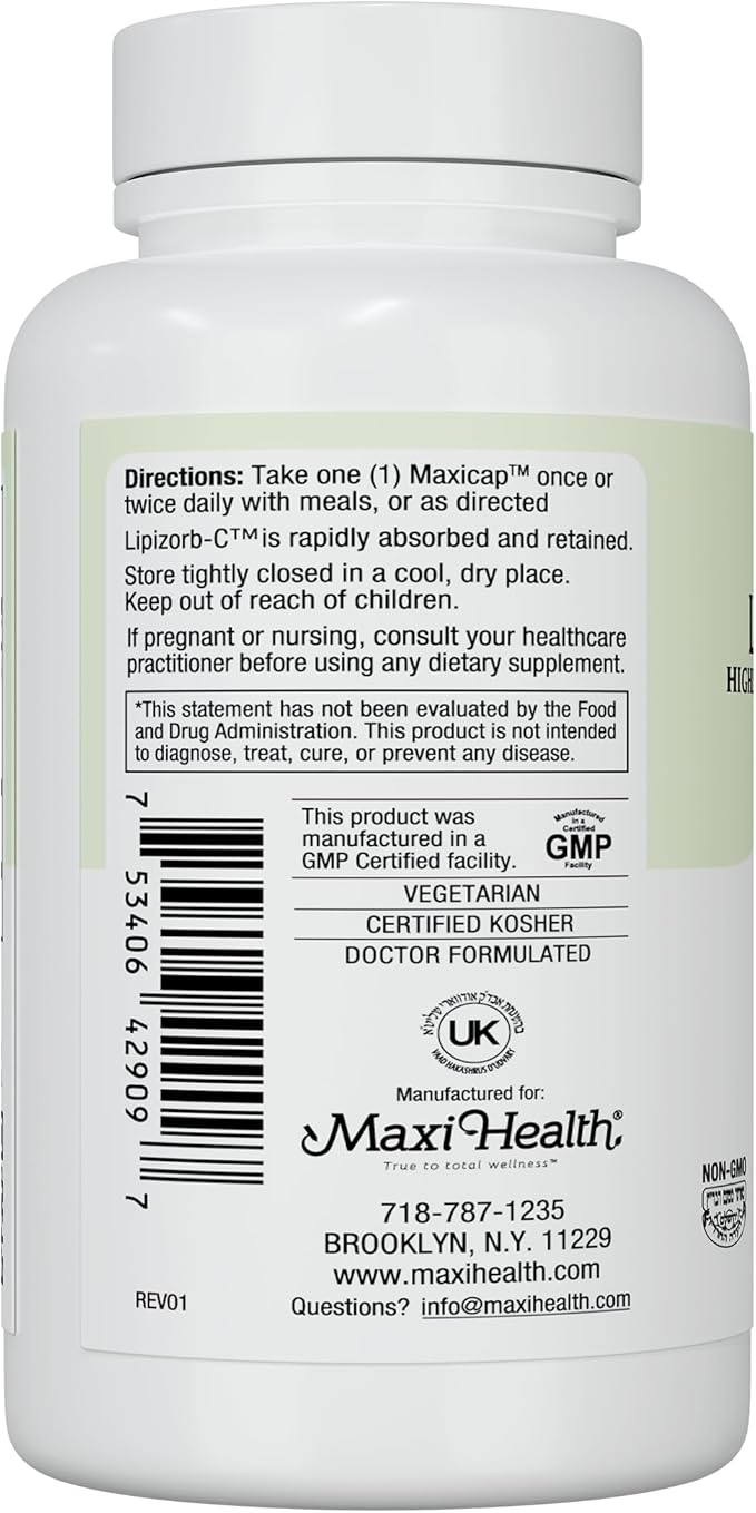 Maxi Health Liposomal Vitamin C 500mg Capsules with Digestive Blend, Highly Absorbable High Dose VitaminC, Non GMO Kosher Vegetarian Doctor-Formulated Immune Support Supplement (90 Count)