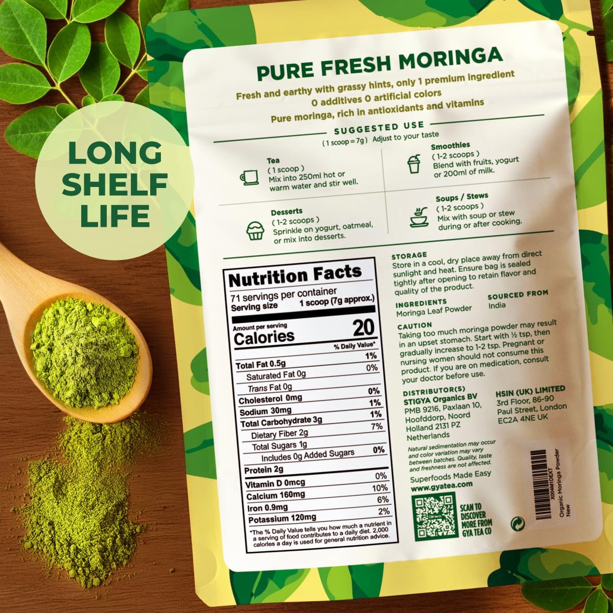 Gya Tea Co Moringa Powder 1.1lb (17.64 Oz) – 100% Pure & Tasty Moringa Oleifera Leaf Powder – Superfood for Smoothies, Drinks, Tea, Recipes – Great For Overall Wellness – Non GMO, Gluten Free, Vegan