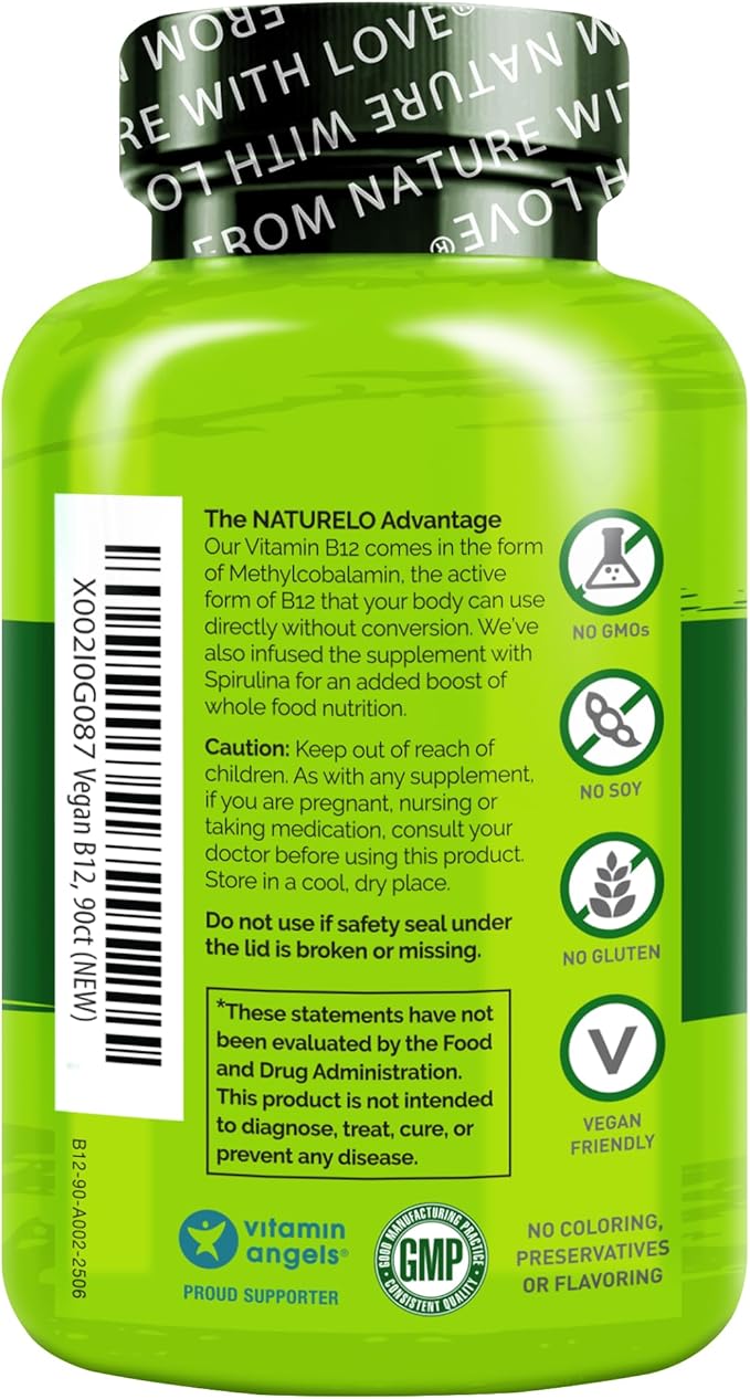 NATURELO Vegan B12 - Methyl B12 with Organic Spirulina - High Potency Vitamin B12 1000 mcg Methylcobalamin - Supports Healthy Mood, Energy, Heart & Eye Health - 90 Capsules