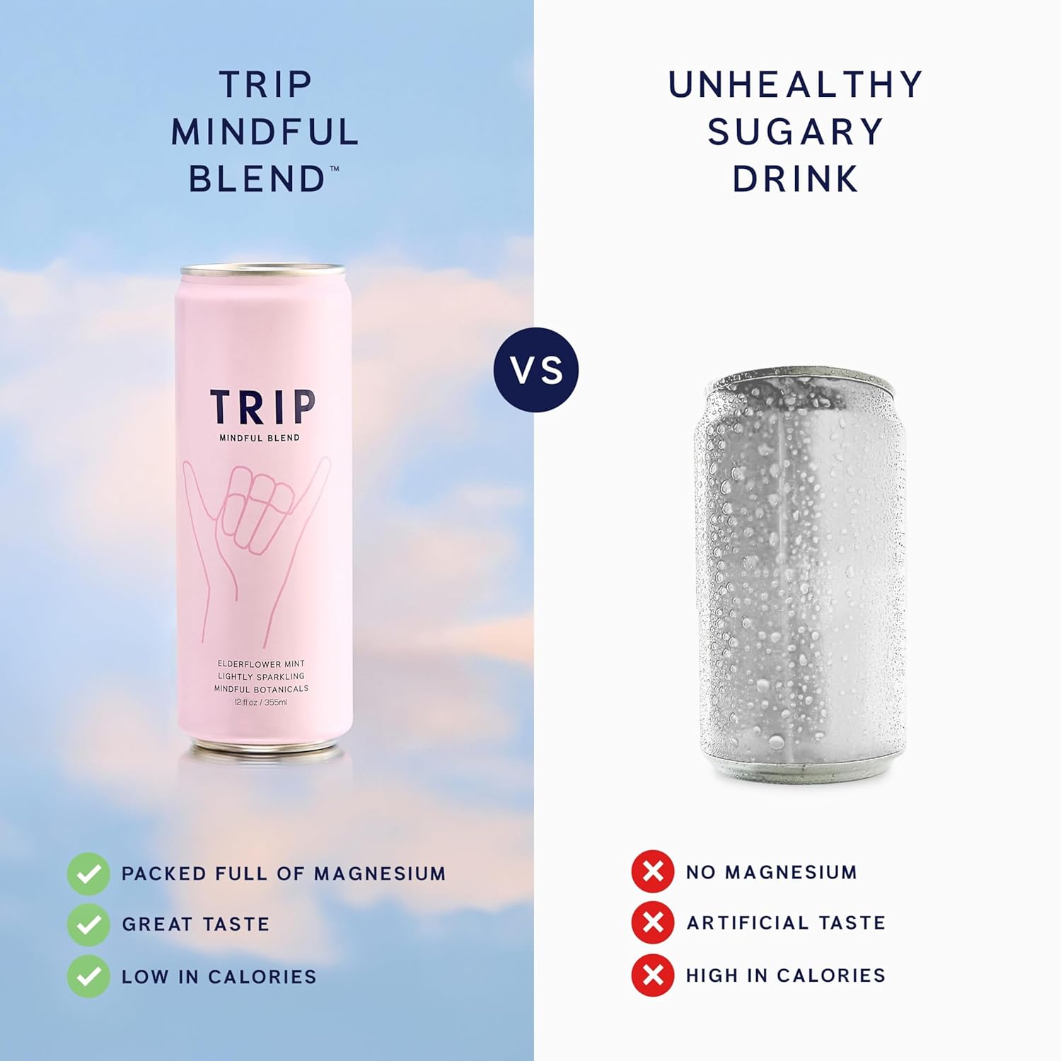 Trip Mindful Blend, Lightly Sparkling Adaptogen Seltzer, Mocktail w/ 120mg Magnesium Citrate with Ashwagandha, Lions Mane & L Theanine, No Added Sugar, Vegan, Elderflower Mint, 12 Oz, 12Pk