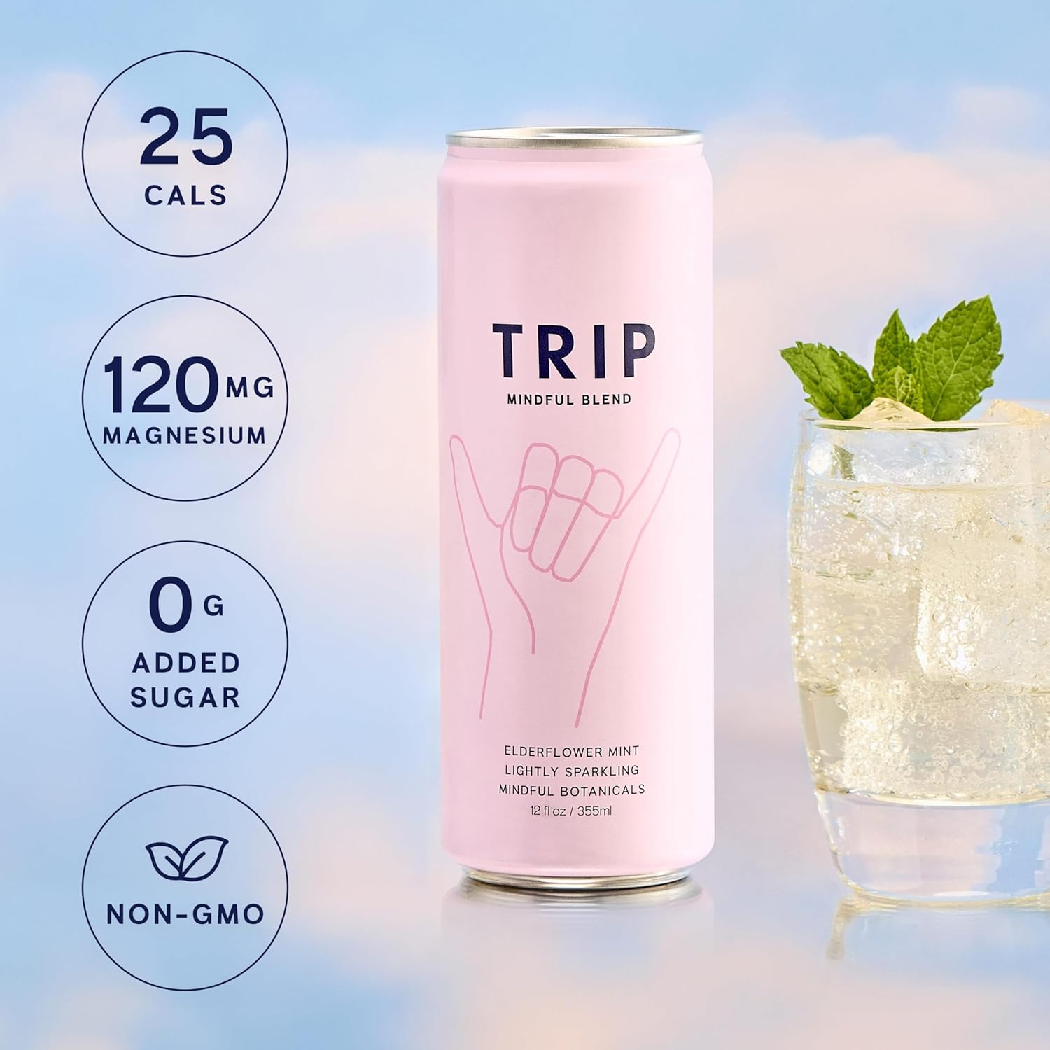 Trip Mindful Blend, Lightly Sparkling Adaptogen Seltzer, Mocktail w/ 120mg Magnesium Citrate with Ashwagandha, Lions Mane & L Theanine, No Added Sugar, Vegan, Elderflower Mint, 12 Oz, 12Pk
