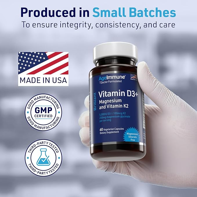 AgeImmune Brilliant D3+ Complex - 60 Capsules - 5000 IU Vitamin D3 + K2 + Magnesium Glycinate Supplement - Doctor Formulated for Immune & Bone Support - No Stearates, No Dioxides