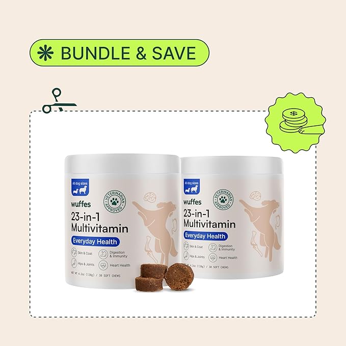 Wuffes 23-in-1 Dog Multivitamin Supplement for Hip & Joint, Skin & Coat and Immune System Support with Omega 3, Iron, Zinc, Vitamin C - Minerals & Vitamins for Senior Dogs and Puppies - 60 Soft Chews