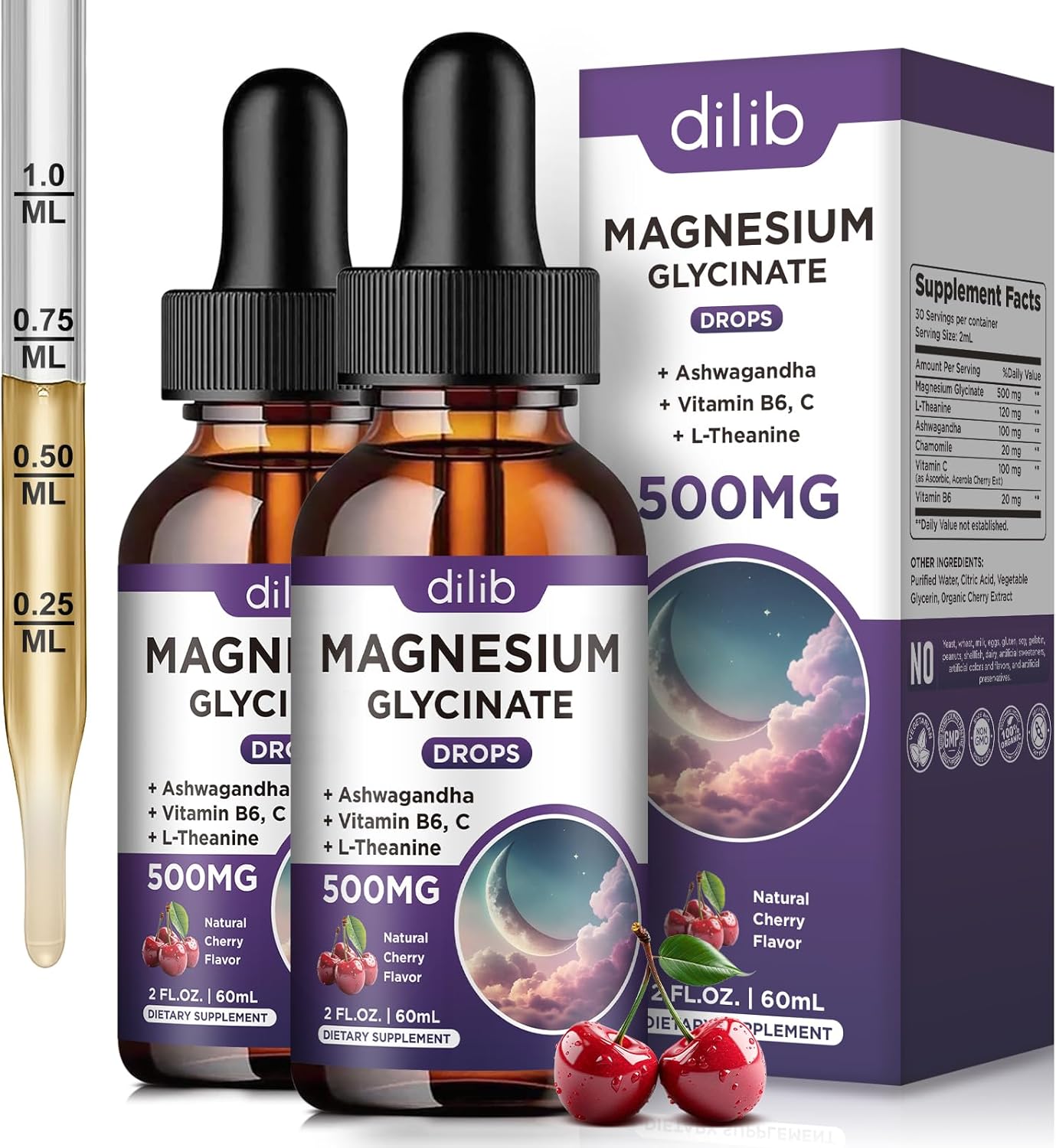 (2 Pack) Magnesium Glycinate Liquid Drops 500mg, with Vitamin B6, Ashwagandha, L - Theanine, Chamomile, Magnesium Glycinate Supplement High Absorption for Sleep, Stress, Energy Mood - Cherry Flavor