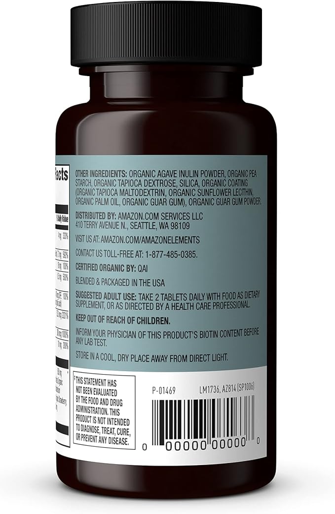 Amazon Elements Organic Whole Food B Complex, 98% Whole Food Source, Dietary and other ingredients derived from whole foods, 60 tablets