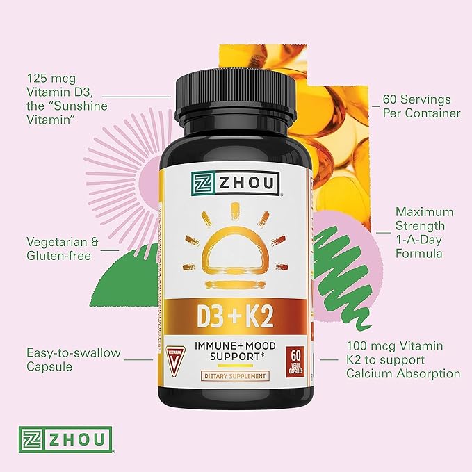 ZHOU D3+K2 - Vitamin D3 K2 Supplement for Women & Men, Immune Support VIT D3 and K2 Supplements, Pure Vegetarian Formula with 5000 IU of VIT D and MK-7-60 Veggie Capsules (Pack of 2)