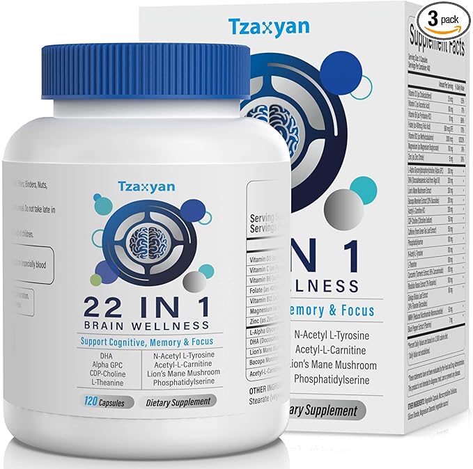 Brain Supplements for Memory and Focus, Clarity & Cognitive Improvement, 300mg Alpha GPC, CDP-Choline, DHA, Lion’s Mane, L-Theanine, Vitamin & Phosphatidylserine for Men & Women, 120 Capsules