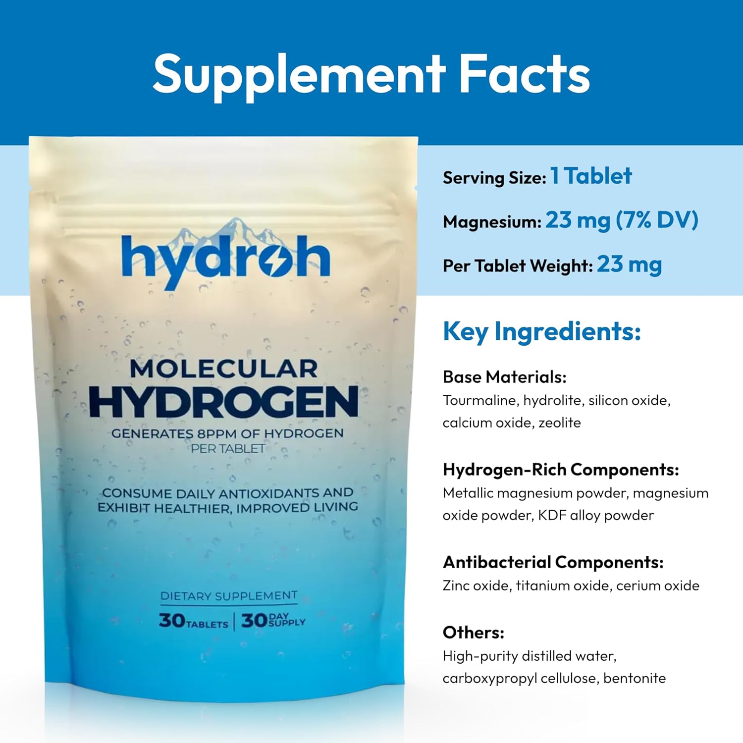 Hydrogen Water Tablets, Molecular Hydrogen Tablets for Drinking Water, Antioxidant-Rich, Supports Brain Energy & Health - Quick-Dissolving - Unflavored H2 Tabs - (30-Day Supply)