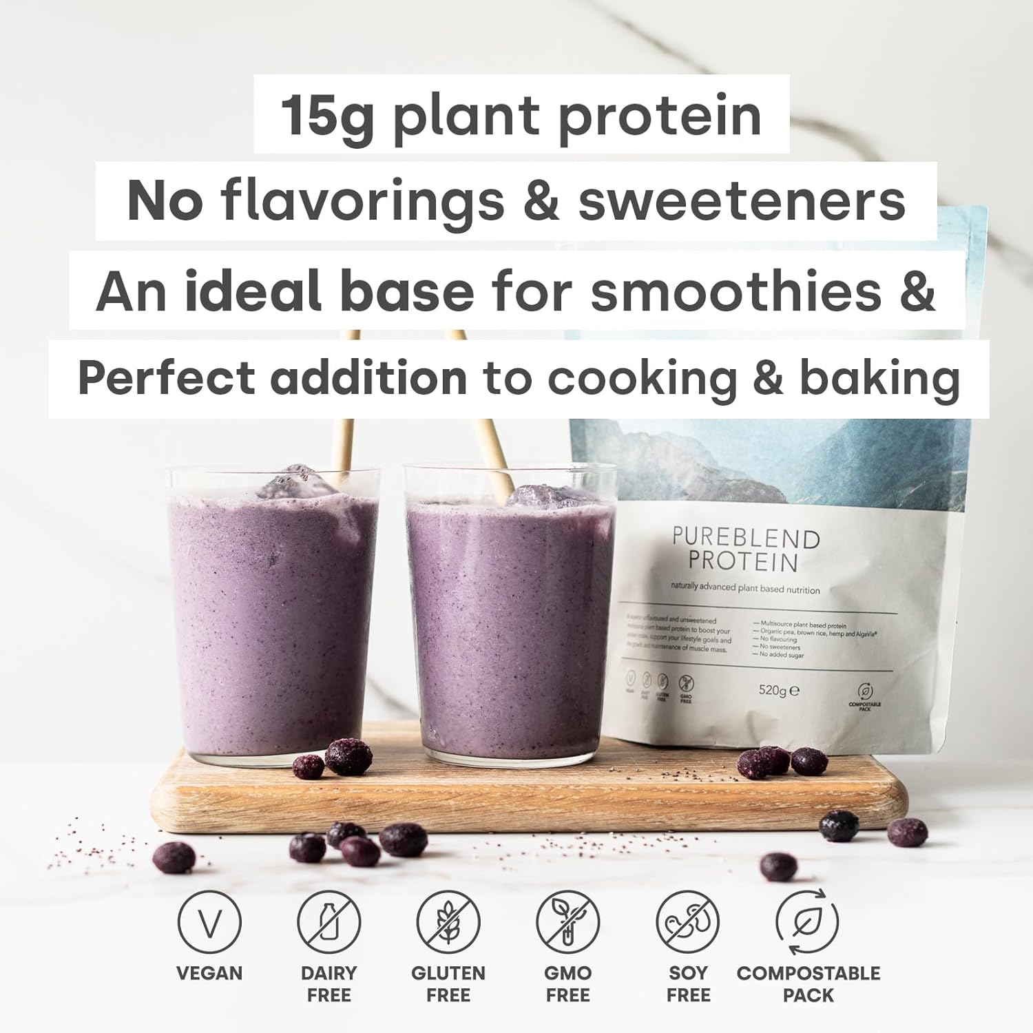Form Pureblend Protein - Unsweetened and Unflavored Vegan Protein Powder - 15g of Plant Protein Powder Unflavored per Serving. Perfect for Your Smoothies, Cooking and Baking