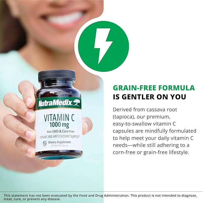 NutraMedix Corn-Free Vitamin C Capsules - Antioxidant & Seasonal Immune Support - Vitamin C Supplement with Ascorbic Acid Sourced from Tapioca - 1000 mg (120 Vegetable Capsules)