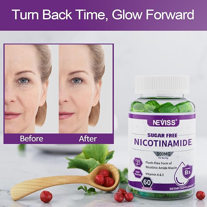 Sugar Free Nicotinamide 500mg Gummies, (Flush Free Niacin) Vitamin B3 Niacinamide Supplement for Cellular Energy Metabolism & Repair, Vitality, Healthy Aging, Cranberry Flavor, Easy to Chew, 120 Cts