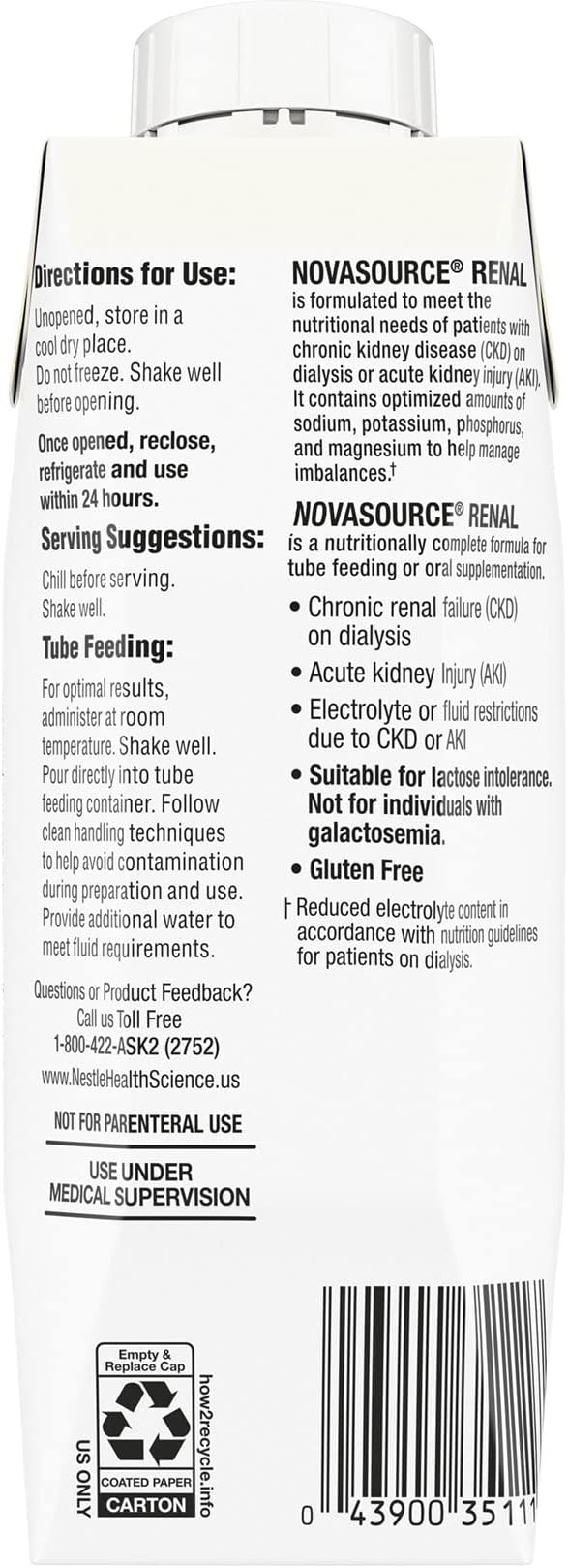 Nestle Novasource Renal Nutritionally Complete Formula Vanilla 8 oz Carton 24 Ct