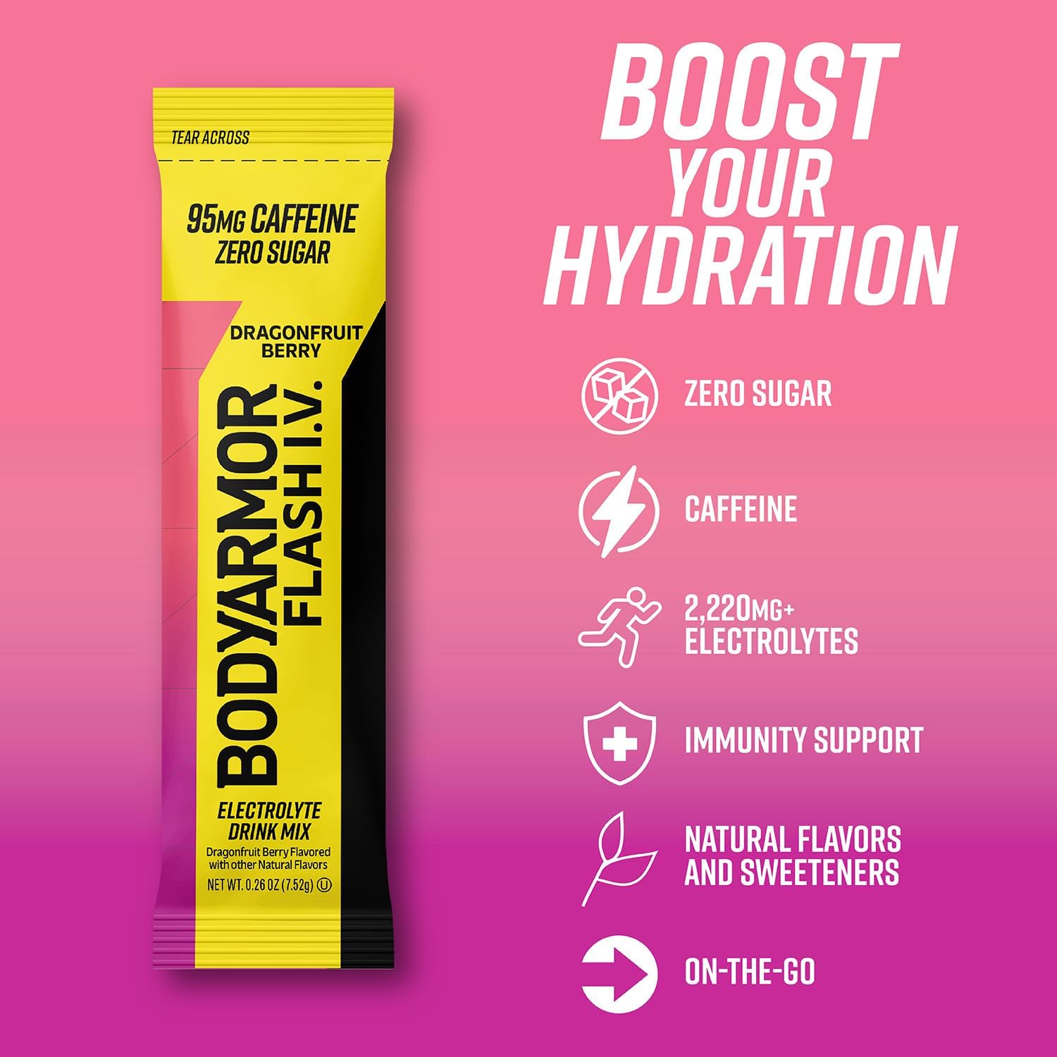 BODYARMOR Caffeinated Flash I.V. Electrolyte Packets - Dragonfruit Berry - Zero Sugar Energy Drink Mix, Single Serve Packs, Hydration for Pre Workout, Travel Essentials, Active Lifestyle (6 Count)