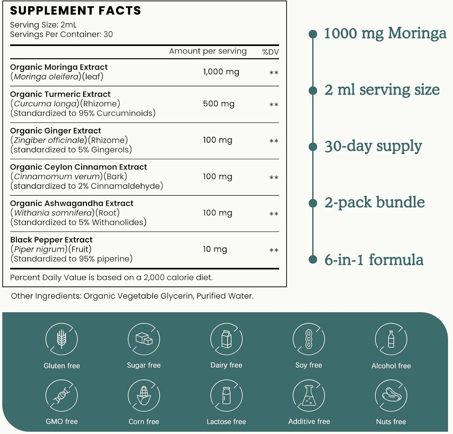(2 Pack) Organic Moringa Leaf Extract Liquid Drops Supplement 1000mg with Turmeric and Black Pepper for Energy, Antioxidant and Skin, Green Superfood Supplement for Women Men, Vegan, 1 Fl Oz