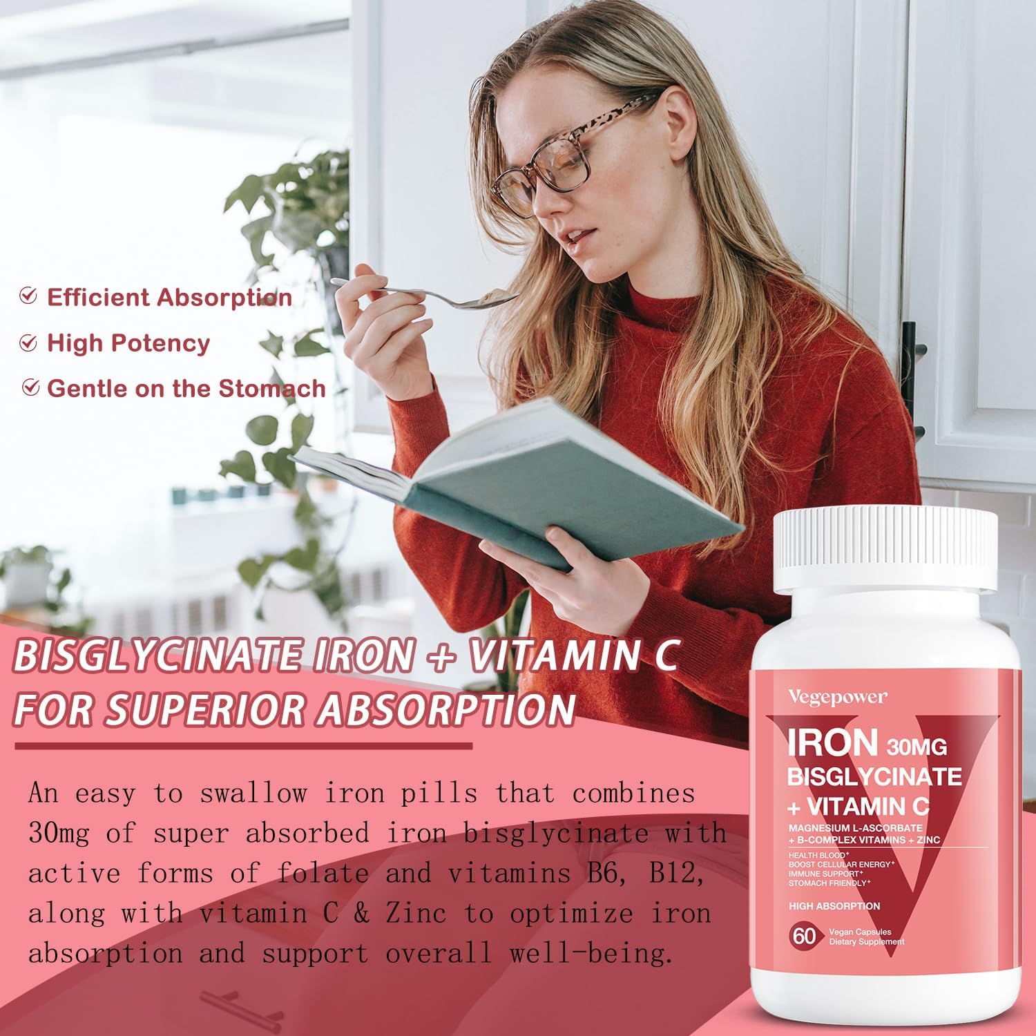 Iron Bisglycinate Supplement for Women & Men - 30mg Iron Pills with Vitamin C, B12, Folic Acid - Chelated Iron for Anemia, Health Blood - High Absorption, Gluten-Free, Non-GMO - 60 Vegan Caps