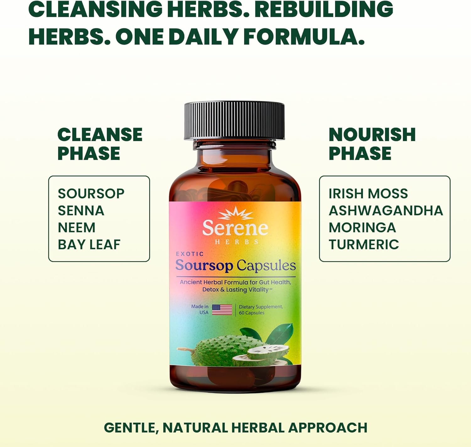 Serene Herbs Graviola Soursop Capsules Organic - Guanabana Extract Pills with Black Seed, Irish Moss & Moringa - 16 Herb Daily Supplements & Digestive Support - Vegan, Non-GMO - 7,000 mg - 60 Count