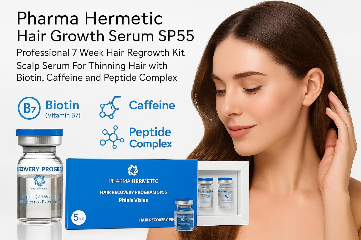 Pharma Hermetic Hair Growth Serum SP55, Professional 7 Week Hair Regrowth Kit, Scalp Serum For Thinning Hair with Biotin, Caffeine and Peptide Complex for Women and Men, Hair Serum (5x5mL)
