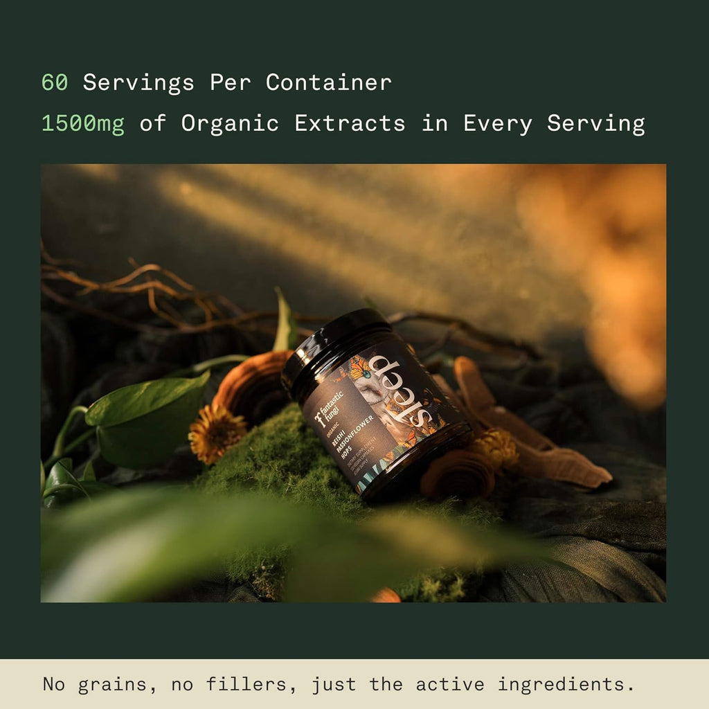 Mushroom Supplement with Reishi, Passionflower & Hops extracts - Sleep Supplements for Adults, Adaptogenic Capsules, 100% USDA Organic Mushrooms Complex - Vegan - Glass Jar, 120 Caps, 2 Month Supply